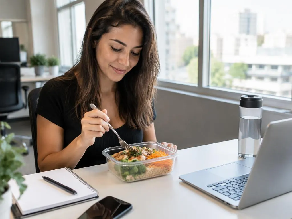 Marmita saudável e caderno em mesa de trabalho